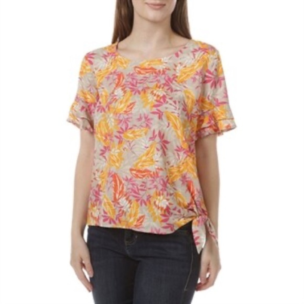 AGB Petite Colorful Plant Print Tie Side Top NWT PL